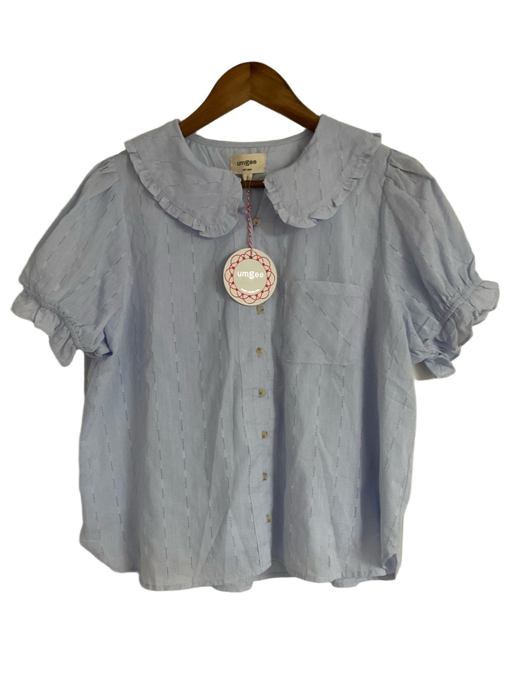 Umgee Baby Blue Ruffled Peter Pan Collar Button-Down Top Size Large